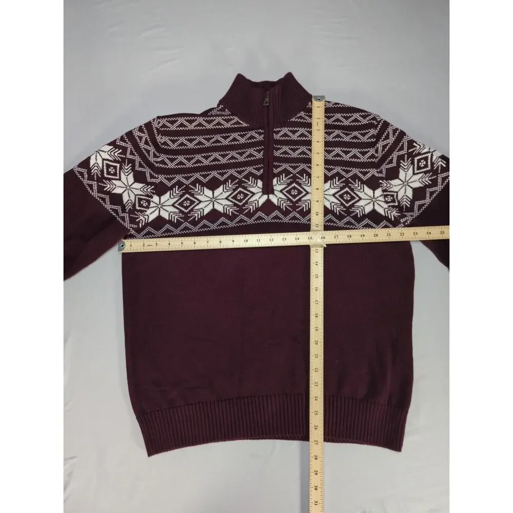 Weatherproof Vintage Mens 1/4 Zip Sweater Fair Isle Knit Cotton Burgundy L
